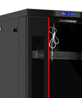 Heavy Duty 37U Server Rack Cabinet 39 Inch Deep With Dope Cooling Vents And Premium Steel Build front view showing lock and power strip.