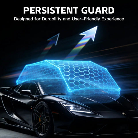 Futuristic car under virtual shield emphasizing durability and user-friendly experience for persistent protection.