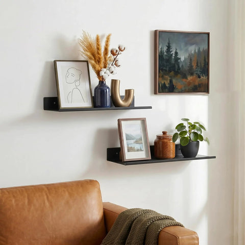 Mini Floating Wall Shelves for Smart Speaker Collectibles, Lightweight Aluminum, Matte Black, Wall Mounted, 12 by 5 Inch, 2 Pack