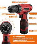 Cordless Drill And 108 Piece DIY Tool Kit With 16.8V Lithium Driver showing settings and features like torque, grip, and rotation control