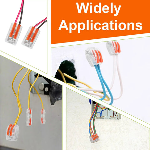 120 Piece Lever Wire Connector Kit For Home Wiring And Lighting showing various applications with wiring connections.