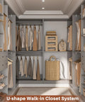 Kickass Heavy Duty U Shaped Walk In Closet Organizer With Four Massive Drawers Ten Reliable Hanging Rods And Six Flexible Shelves Built Like A Tank For Mad Storage Space Finished In Trendy Morandi Grey To Keep Your Bedroom Looking Clean.