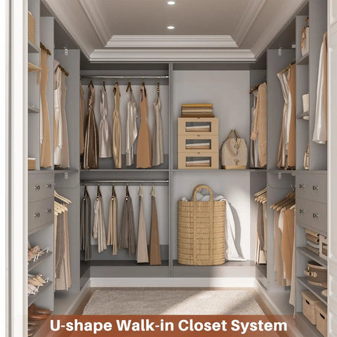 Kickass Heavy Duty U Shaped Walk In Closet Organizer With Four Massive Drawers Ten Reliable Hanging Rods And Six Flexible Shelves Built Like A Tank For Mad Storage Space Finished In Trendy Morandi Grey To Keep Your Bedroom Looking Clean.