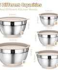 Five different sized bowls from the Eight Piece Khaki Stainless Steel Nesting Mixing Bowls With Airtight Lids And Three Grater Attachments