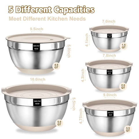 Five different sized bowls from the Eight Piece Khaki Stainless Steel Nesting Mixing Bowls With Airtight Lids And Three Grater Attachments