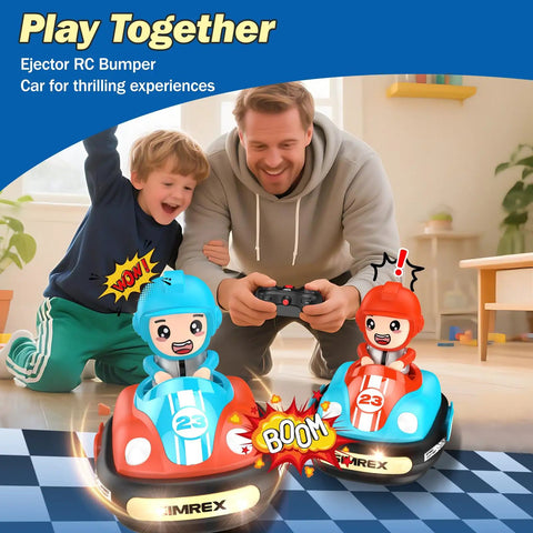 Two Player RC Bumper Cars Set For Kids 3 And Up With Remote Control battle scene with dad and son playing inside