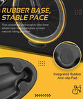 Close-up of a molded plastic front wheel riser block with rubber anti-slip pad, elevating a bike wheel for indoor turbo training.