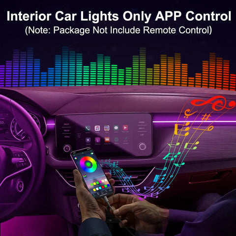 App Controlled Car Interior LED Strip Lights 5 In 1 RGB Color Kit with music mode in car showing ambient lighting control via app.