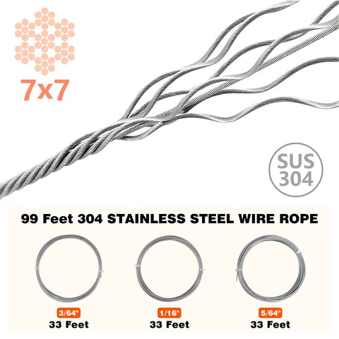 Heavy Duty Wire Rope Crimp Tool Kit For 1/16, 3/64 And 5/64 Inch Cable Includes 3 Ferrule Sizes 99 Feet of Wire Rope