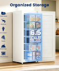Slick 6.5 Cubic Foot Upright Freezer In Clean White Brings No Sweat Space Saving Vibes Straight To Apartments Dorms And Offices With Plenty Of Vertical Storage That Really Pulls Its Weight Without Hogging Your Entire Floor, showcasing organized storage for various frozen items.