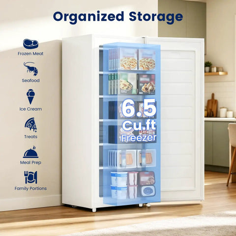 Slick 6.5 Cubic Foot Upright Freezer In Clean White Brings No Sweat Space Saving Vibes Straight To Apartments Dorms And Offices With Plenty Of Vertical Storage That Really Pulls Its Weight Without Hogging Your Entire Floor, showcasing organized storage for various frozen items.