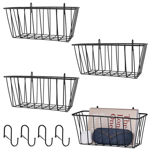Four Pack Large Grid Wall Baskets With S Hooks For Garage Or Display Shelves Heavy Duty Black Metal Gridwall Organizer Bins Set