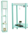 Aqua Floor Lamp Etagere Organizer With Three Shelves And Linen Shade Built In USB Ports And Outlet Under Shade For Easy Device Charging