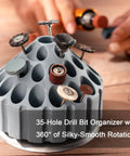 Close-up of 35-hole drill bit organizer with rotary bits for Flex Shaft Grinder Rotary Tool Kit 560W With 500-23000 RPM.