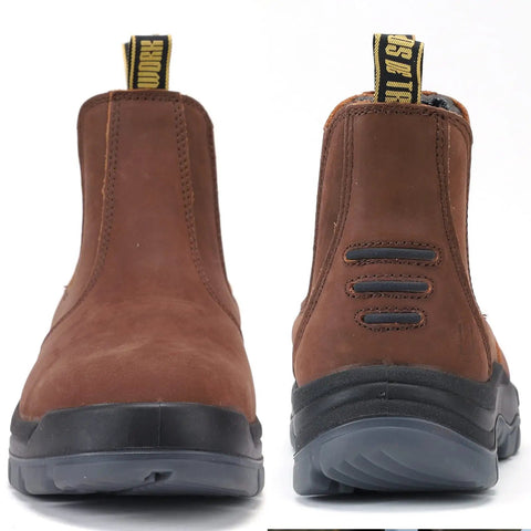 Front and back view of Men's Steel Toe Waterproof Work Boots With Slip Resistant Outsole And Anti Static Safety Shoes.