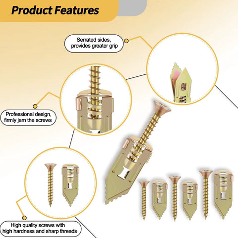 80 Piece Self Drilling Drywall Anchors And Screws Kit close-up showing zinc plated steel with serrated sides for grip