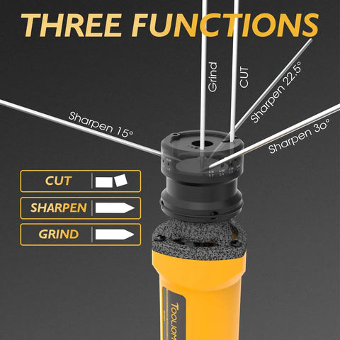 Diagram of 110V TIG Tungsten Electrode Sharpener With Dust Shield 4 Size Options And 3 Angles Handheld Tungsten Grinder showing functions