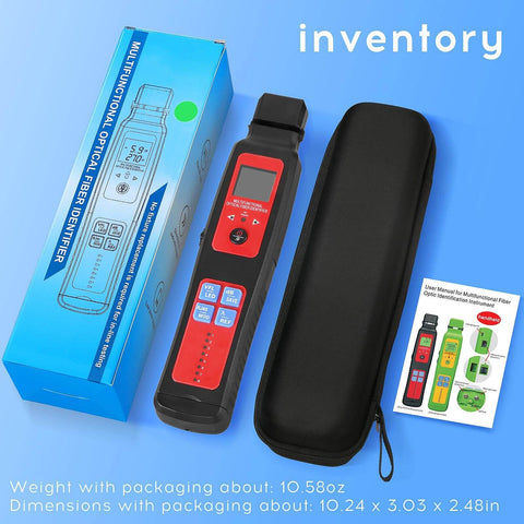 Live Fiber Optic Identifier With OPM And 5-In-1 Function For RJ45 Network Testing shown with packaging and carrying case