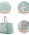 Spirit Airlines Compatible Foldable Travel Duffel Bag Tote Carry On Luggage For Weekender And Overnight Trips Waterproof Lightweight Sport Duffle Bag For Women And Girls Mint Green 1112 showing waterproof fabric, double metal zippers, reinforced straps, and overall design.