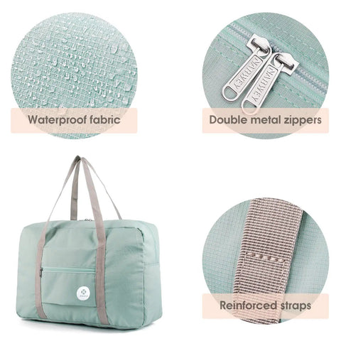 Spirit Airlines Compatible Foldable Travel Duffel Bag Tote Carry On Luggage For Weekender And Overnight Trips Waterproof Lightweight Sport Duffle Bag For Women And Girls Mint Green 1112 showing waterproof fabric, double metal zippers, reinforced straps, and overall design.