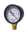 Front view of HFS dry utility vacuum gauge, black steel case with brass 1/4in NPT lower mount, dual PSI/Bar scale