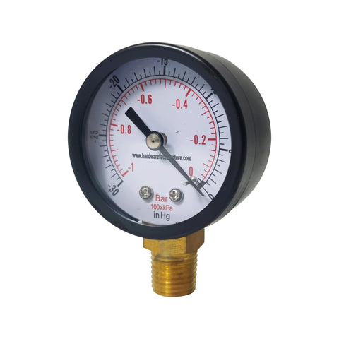 Front view of HFS dry utility vacuum gauge, black steel case with brass 1/4in NPT lower mount, dual PSI/Bar scale