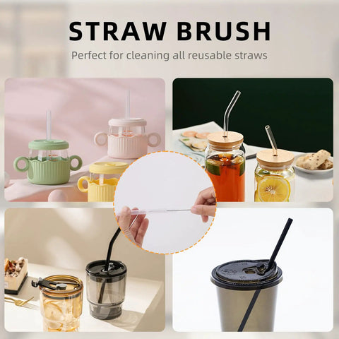 Collage of cups and tumblers with straw cleaner from 3 Pack Cup And Bottle Cleaning Brush Set With Straw And Lid Cleaners