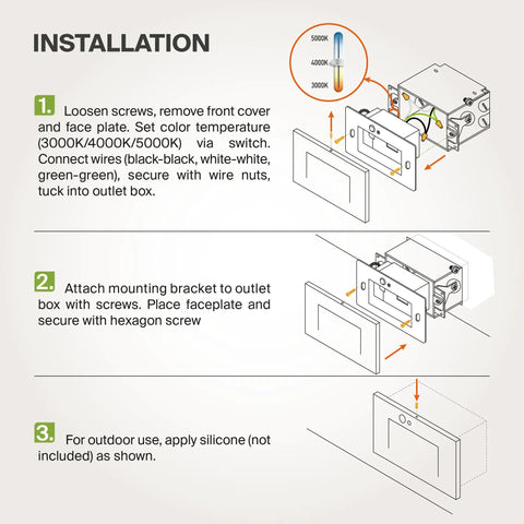 Installation guide for LED Recessed Step Light For Outdoor Stairway Dusk To Dawn With Motion Sensor And Photocell, 3CCT Adjustable.