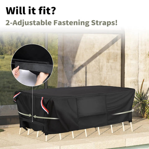Waterproof Patio Table Cover 96x48 Inches Heavy Duty 600D Rectangular Outdoor Table Protector with fastening straps in use.