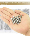 58 Piece Stainless Steel Hex Socket Head Cap Screws And Nuts Set 1/4-20 Thread in hand showing various lengths.