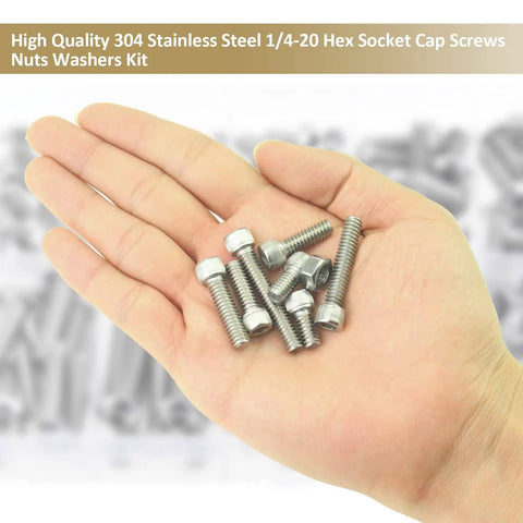 58 Piece Stainless Steel Hex Socket Head Cap Screws And Nuts Set 1/4-20 Thread in hand showing various lengths.