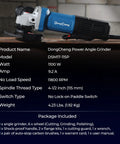 Side view of blue and black DongCheng 4-1/2 in corded power angle grinder with paddle switch.