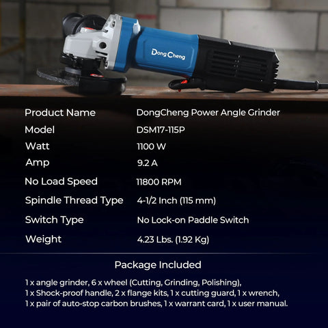 Side view of blue and black DongCheng 4-1/2 in corded power angle grinder with paddle switch.