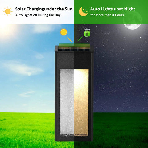 Solar Outdoor Lights 4 Pack with Metal Seeded Glass Fence and Wall Mounts Auto On Off Waterproof showing day-night cycle