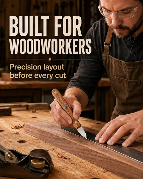 Straight Shooter High Carbon Steel Wood Marking Knife For Dead On Precision Scoring on a wooden surface with a hands-on layout.