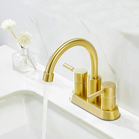 Gold Finish Bathroom Faucet With Dual Handles 360 Degree Rotating Stainless Steel Vanity Lavatory Sink Mixer Lead Free Modern Design Double Handle Commercial Style For Bathroom Sink Easy Operation And Clean Look