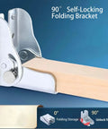 Heavy Duty Silver Four Pack Folding Leg Support Brackets With Self Locking Hinge For Table Bed And Workbench Extension Hardware shown at 90° angle with wood.