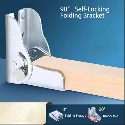 Heavy Duty Silver Four Pack Folding Leg Support Brackets With Self Locking Hinge For Table Bed And Workbench Extension Hardware shown at 90° angle with wood.