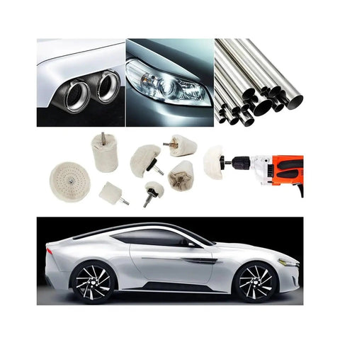 Super Smooth Cotton Polishing Cone Kit With 6mm Shank For Buffing Car Paint And Waxing Details Fast Using Any Rotary Tool In 1 Or Multiple Piece Sets, showing polishing cones and car exhaust.