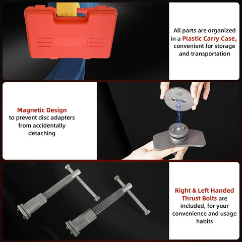 Image of Pro Grade 24 Piece Disc Brake Caliper Wind Back Tool Set with red storage case, thrust bolts, and magnetic adapter.