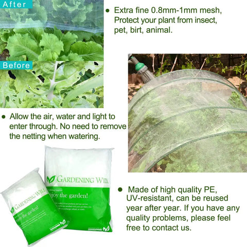 10x15 Ft Garden Netting For Insect Barrier And Pest Protection shown with fine mesh over plants, UV-resistant PE material.