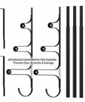 Black Wall Mounted Towel Rack Set With 3 Levels Per Unit And 2 Pieces, components with integrated door protective padding shown.
