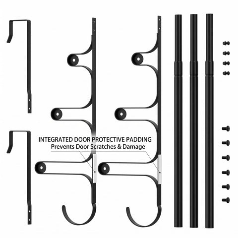 Black Wall Mounted Towel Rack Set With 3 Levels Per Unit And 2 Pieces, components with integrated door protective padding shown.