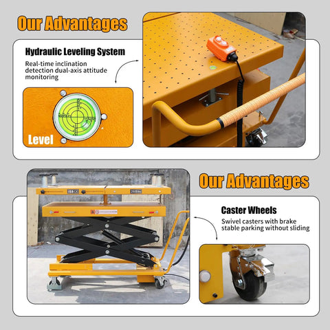 Hydraulic leveling system and caster wheels of 2600 lbs Heavy Duty Electric Scissor Lift Table With Smooth Hydraulic Operation And Quick Tilt Adjustments For The Daily Shop Grind And No Sweat Ev Part Moves.