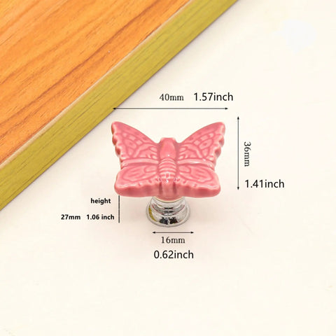 Ceramic Butterfly Cabinet Knobs Set Pink, 6 Pack Vintage Drawer Pulls with size details shown on white background