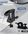 Matte Black 4 Inch Centerset Bathroom Faucet With Waterfall Flow Two Handle 3 Hole Sink 360 Degree Swivel Spout Pop Up Drain Included Built To Last Anti Rust Finish Easy To Clean Surface No Fuss Install.