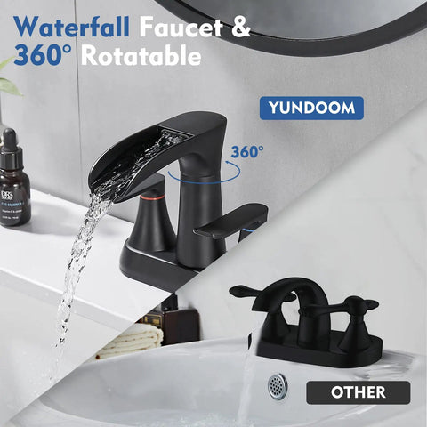 Matte Black 4 Inch Centerset Bathroom Faucet With Waterfall Flow Two Handle 3 Hole Sink 360 Degree Swivel Spout Pop Up Drain Included Built To Last Anti Rust Finish Easy To Clean Surface No Fuss Install.