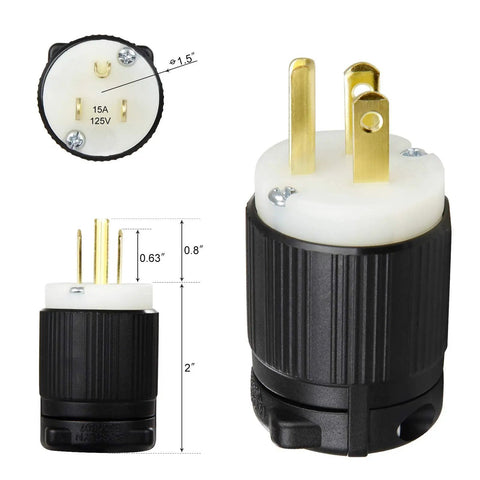 Two Pack 125V 15 Amp NEMA 5-15P Straight Blade Plug Kit for Home Use UL Listed with nylon housing, 2 pole 3 prong plug.