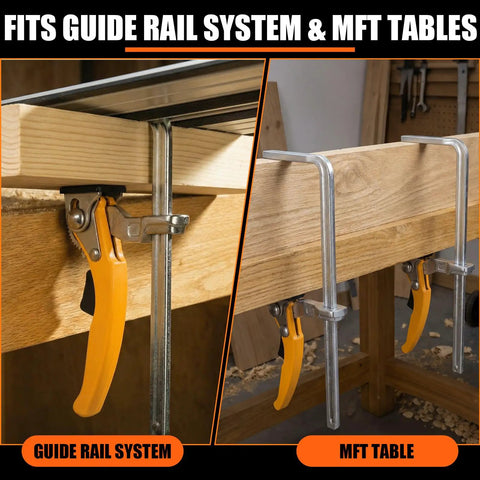 Four Pack Quick Release Ratcheting Table Clamps With Seven Inch Capacity And Two And Three Eighths Inch Throat Depth For MFT Track Saw And Guide Rail Systems Rotating Pressure Pad For Precise Woodworking Heavy Duty Durable Steel Build on guide rail and MFT table
