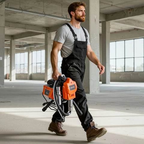 Man carrying Heavy Duty Stand Airless Paint Sprayer With 1500W Motor And 3300 PSI Pressure, ready for paint job.